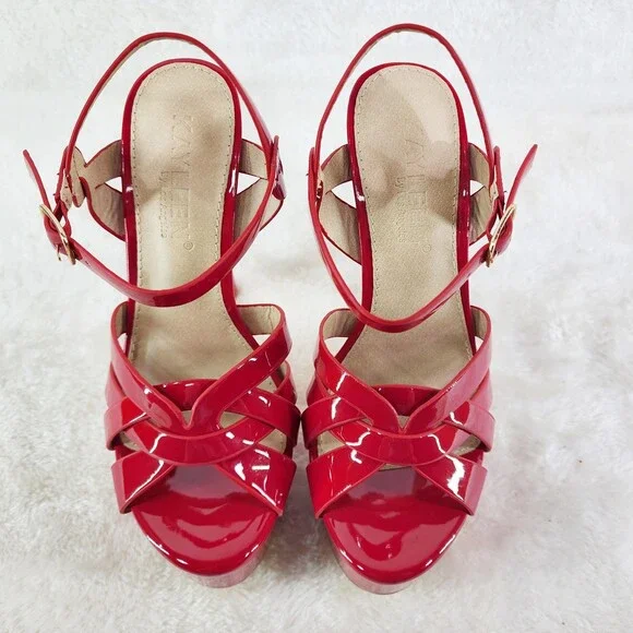 NIB Rihbah Red Patent Platform 6" Stiletto High Heels Ankle Strap Sandal Shoes - Picture 4 of 15